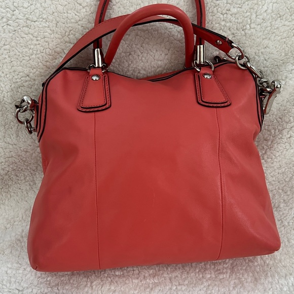 Coach Coral Pink Leather Satchel Bag Womens Pleated Chain Shoulder F15339 - Picture 3 of 16